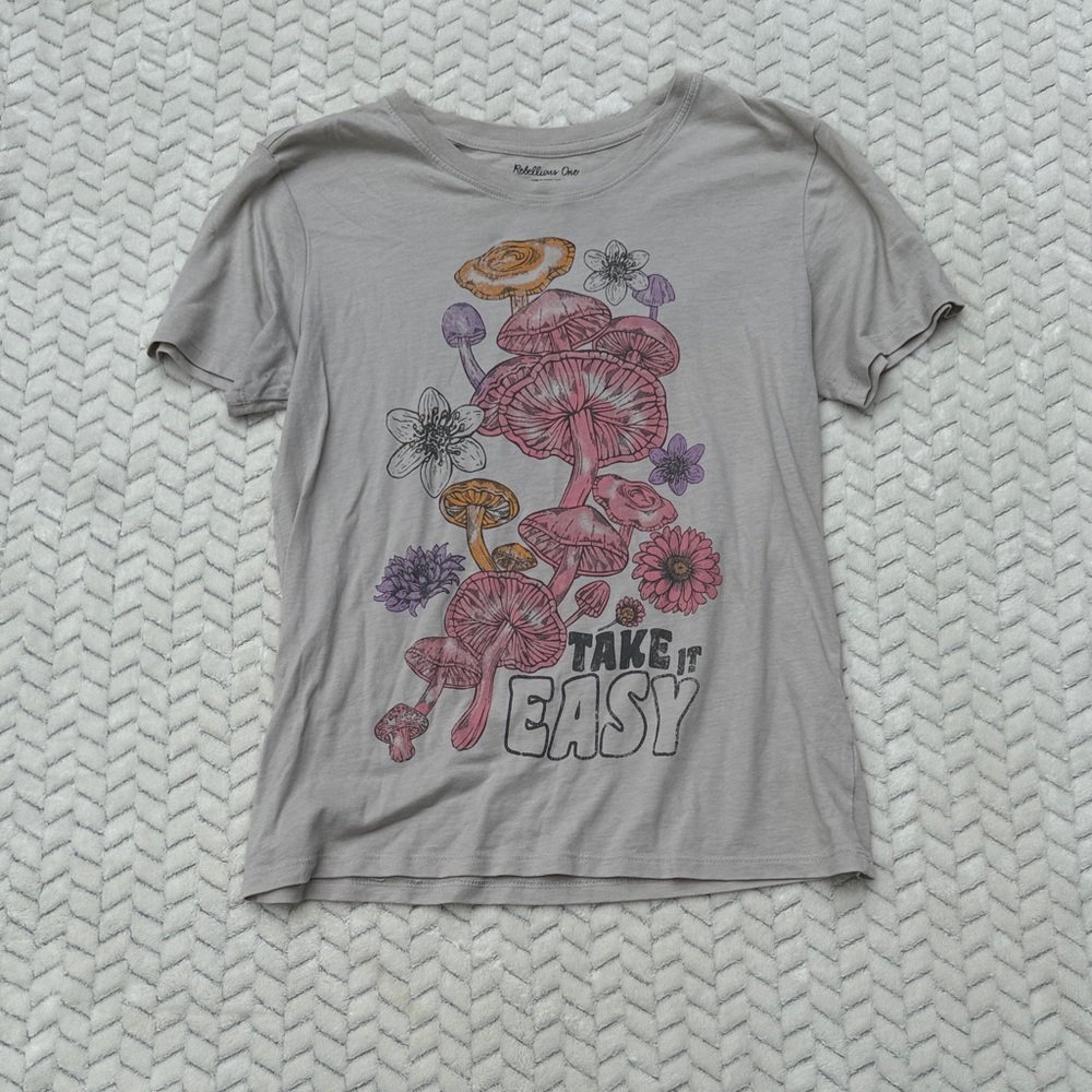 Rebellious One Cream Tee with Floral Accents